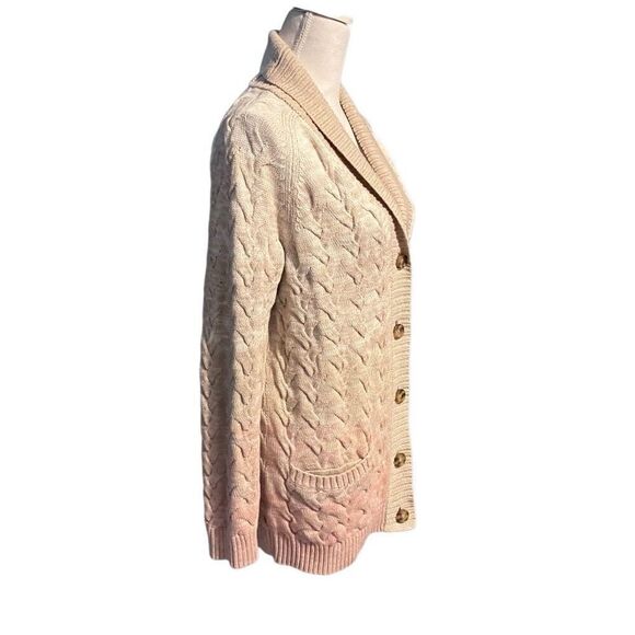 NWT Lands' End Drifter Cable-Knit Shawl Cardigan Sweater Ivory Tan Pink Medium - Picture 5 of 8